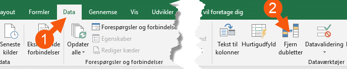 Fjern dubletter knap på båndet Excel fjern dubletter via knap fra båndet
