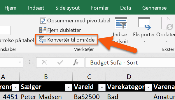 Konverter til område Excel tabel konverter til område