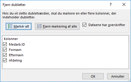 Excel fjern dubletter