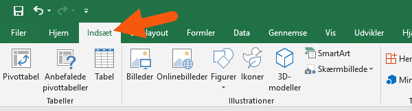 Excel fanen 'Indsæt' på båndet