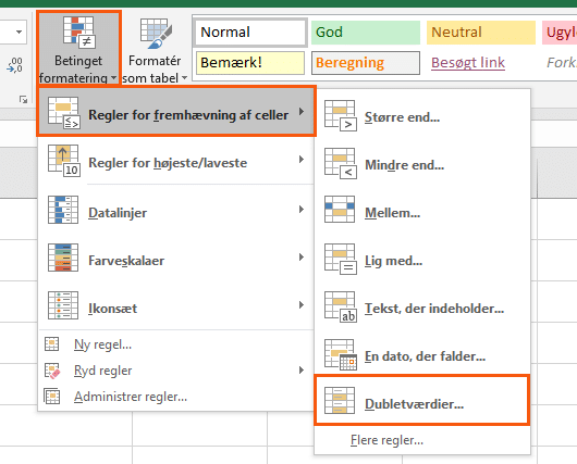 Excel dubletværdier Excel betinget formatering dubletværdier