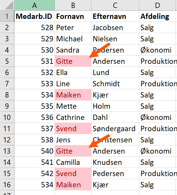 Excel fremhæv dubletværdier resultat Excel betinget formatering dubletværdier