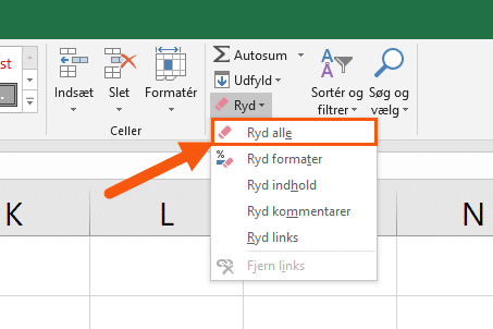 Ryd alle Ryd alt celleindhold inklusiv rulleliste