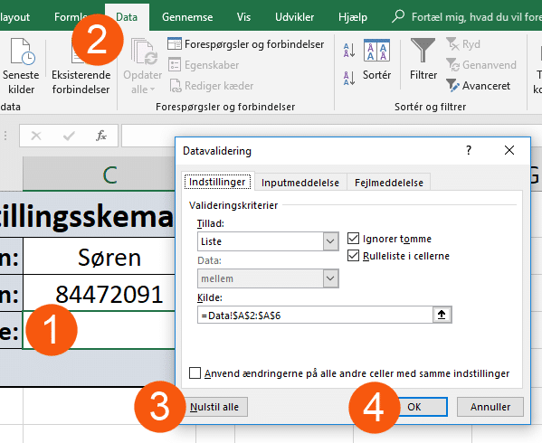 Nulstil datavalidering Fjern rulleliste fra celle via datavalidering