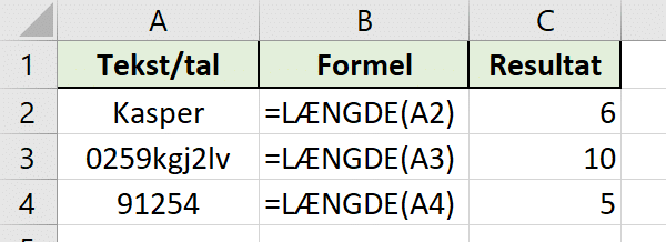 Excel funktion LÆNGDE Excel funktion LÆNGDE eksempel