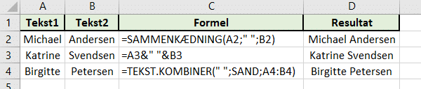 Excel SAMMENKÆDNING TEKST.KOMBINER og & eksempler