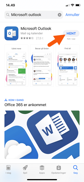 Åben App Store på iPhone og søg efter Microsoft Outlook Åben App Store på iPhone og søg efter Microsoft Outlook
