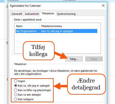 Outlook del kalender ændre tilladelser Outlook del kalender ændre tilladelser