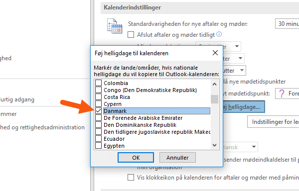 Outlook vælg danmark tilføj helligdage