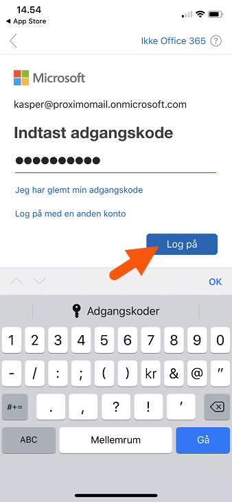 Tilføj konto IOS Iphone Outlook app, indtast adgangskode Tilføj konto IOS Iphone Outlook app, indtast adgangskode
