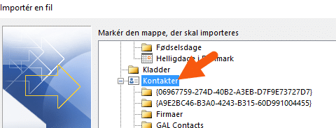 Gem i eksporterede kontakter i mappen ‘Kontakter’ Gem i eksporterede kontakter i mappen 'Kontakter'