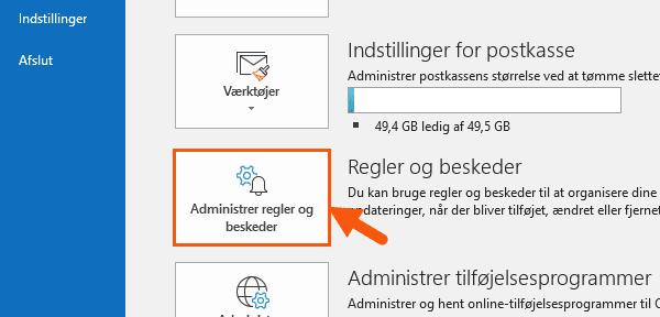 Outlook administrer regler og beskeder videresend