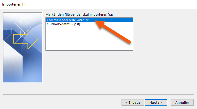 trin 5 Outlook importer kontakter fra andet program (CSV)