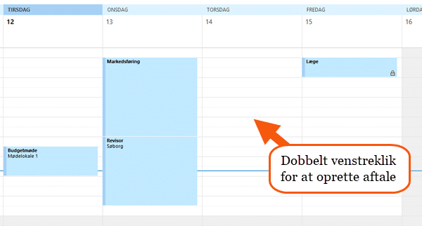 Outlook opret aftale i kalender dobbeltklik ved aftalestart