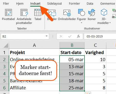 Marker data og gå til indsæt fane Marker data og gå til indsæt fane