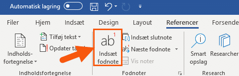 Word indsæt fodnote Word gå til referencer fanen