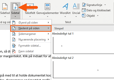 Word indsæt sidetal nederst på side
