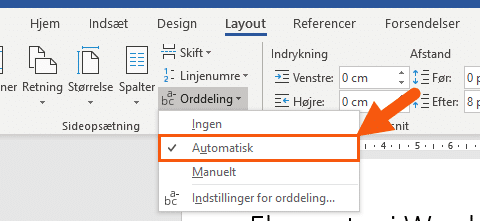Automatisk orddeling fra layout fanen Automatisk orddeling fra layout fanen