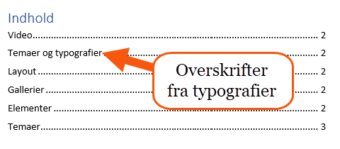 Eksempel på indholdsfortegnelse i Word
