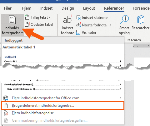 Word brugerdefineret indholdsfortegnelse
