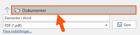 Vælg placering til PDF fil i gem som