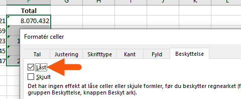 Sæt flueben i 'Låst' i formater celler i celleområde