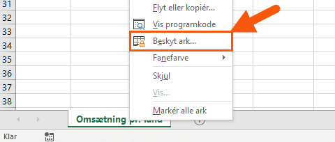 Højreklik på ark og vælg 'Beskyt ark'