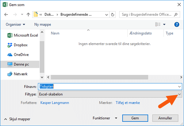 Excel gem som skabelon