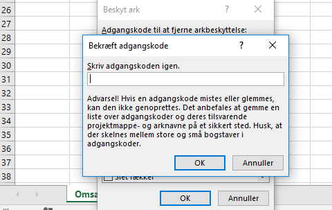 Bekræft adgangskode til låsning af ark