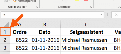 Excel første række der vises