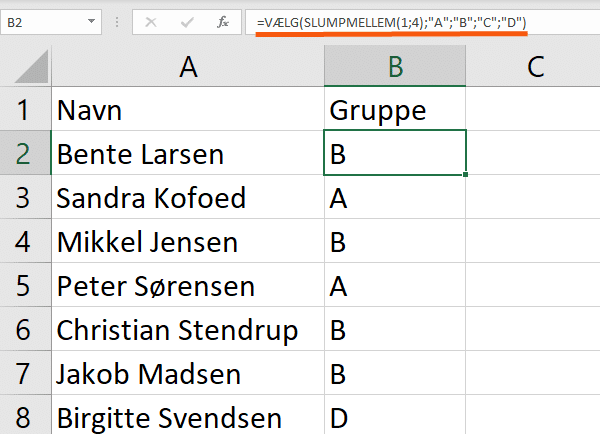 Eksempel på kombination af VÆLG og SLUMPMELLEM funktioner Eksempel på kombination af VÆLG og SLUMPMELLEM funktioner