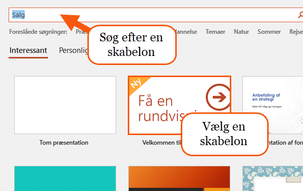 Søg eller vælg indbygget PowerPoint skabelon