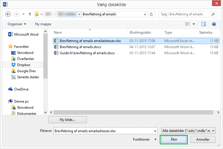 Vælg Excel liste med kontakter
