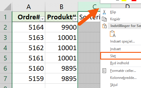Excel slet kolonne