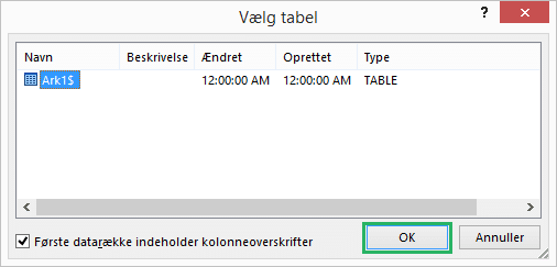 Vælg Excel ark