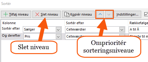 Slet eller flyt niveauer i sortering Slet eller flyt niveauer i sortering