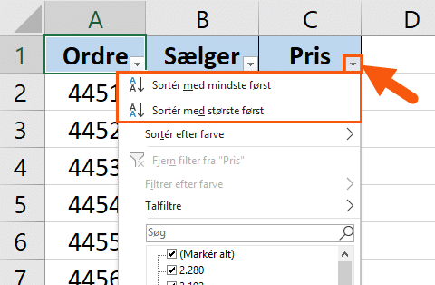 Klik på filterknap og sorter Klik på filterknap og sorter