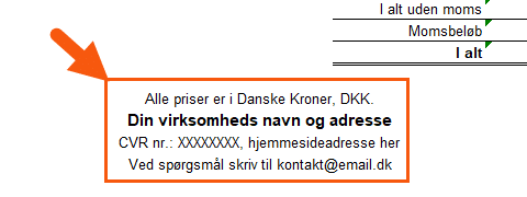 Indtast virksomhedsoplysninger nederst i fakturaen