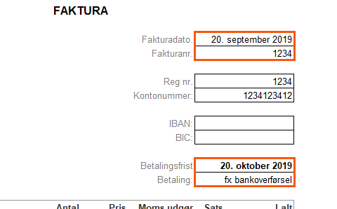 Fakturaoplysninger fx fakturanr