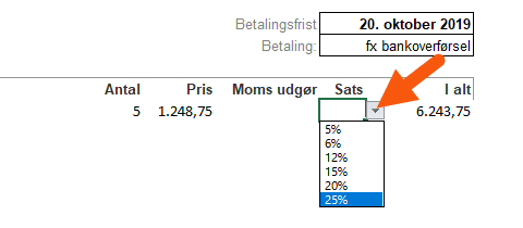 Vælg momssats i fakturaskabelon