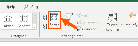 Klik på sortér knap fra data fanen Klik på sortér knap fra data fanen