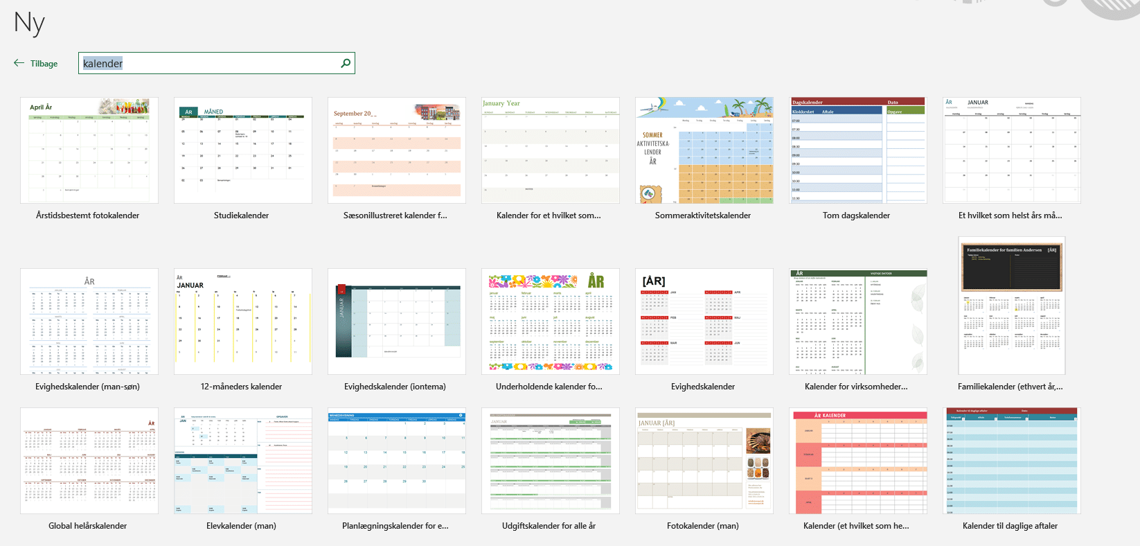 Eksempel på kalenderskabeloner i Excel