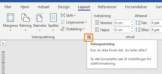 Få alle muligheder for sideopsætning vist