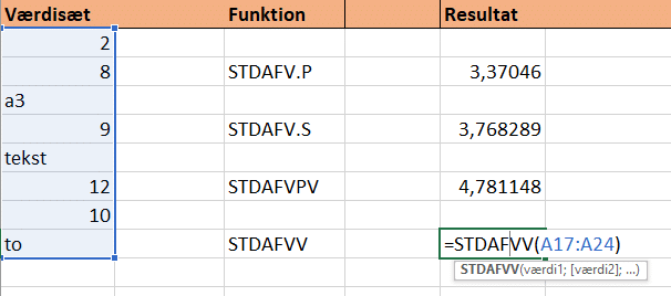 Eksempel på funktionen STDAFVV