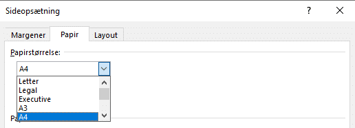Sideopsætning - valg af papirstørrelse