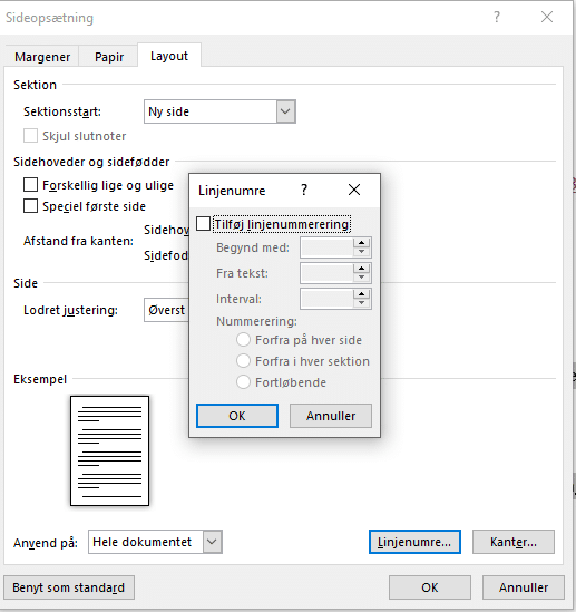 Eksempel på Linjenumre advancerede muligheder