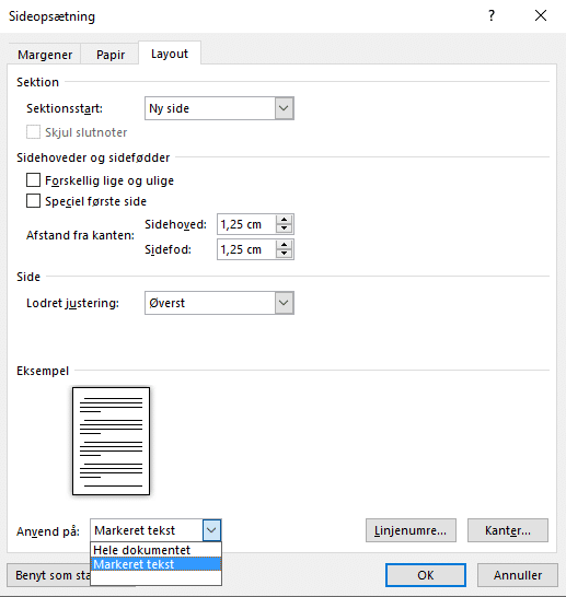 Indstillinger for linjenummer på dele af dokument