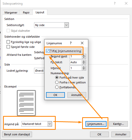 Indstillinger for linjenumre i dele af dokument