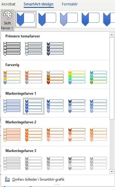 Eksempel på farveforslag og effekter i SmartArt-design