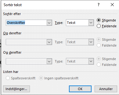 Dialogboks – overskrift Dialogboks - sortering på overskrift
